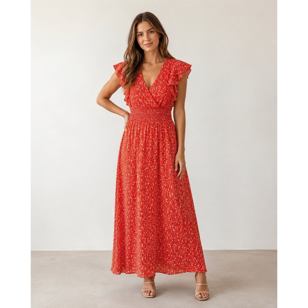 Red floral flutter sleeve maxi dress cottagecore romantic summer wedding guest